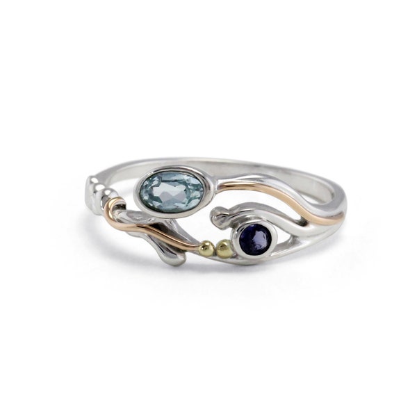 Gentle Flowing Handmade Ring with Blue Topaz, Iolite and 14kt Gold Details, Blute Topaz Rings, Gemstone Rings for Women, Dainty Jewellery