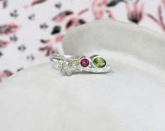 Handmade Peridot and Pink Tourmaline Flower Ring, Dainty Jewellery, Tourmaline Ring, August Birthstone, October Birthstone, Flower Lover