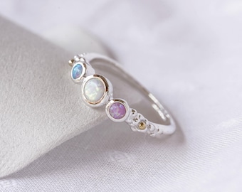 Dainty Sterling Silver Three Opal Ring: October Birthstone Jewelry