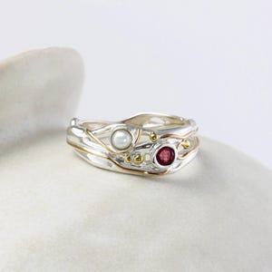 Gemstone Ring, Sterling Silver Pearl and Ruby Ring, Pearl Ring, Handcrafted Gift, July Birthstone Gift, Sterling Silver, Handmade Ring