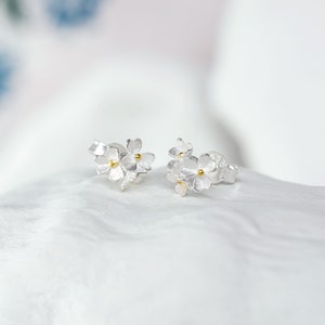 Two Flowers Sterling Silver Studs With Gold Pips, Flower Stud Earrings, Mixed Metal Jewellery image 1