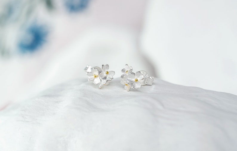 Two Flowers Sterling Silver Studs With Gold Pips, Flower Stud Earrings, Mixed Metal Jewellery image 1