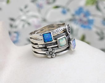 Anillo apilable de ópalo de plata de ley hecho a mano: Piedra preciosa botánica