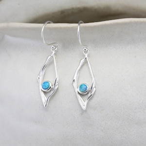 Handmade Blue Opal Earrings set in Organic Diamond Setting, Blue Fire Opal Earrings, Dangle Earrings, Coastal Style