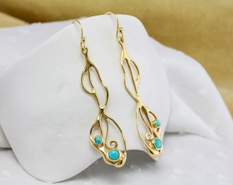 Handcrafted 18KT Gold Vermeil American Turquoise Drop Earrings, Statement Jewelry