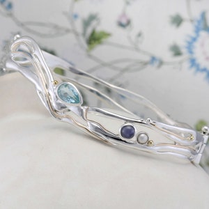 Organic Silver Bangle with Blue Topaz, Iolite and Freshwater Pearl | Hand Made | Bracelet | Unique | Gemstone | Gift For Her