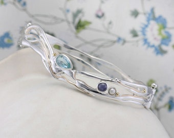 Organic Silver Bangle with Blue Topaz, Iolite and Freshwater Pearl | Hand Made | Bracelet | Unique | Gemstone | Gift For Her