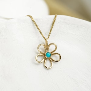 Gold Flower Pendant with Turquoise Stone, Gold Vermeil Necklace, Flower Necklace, Turquoise Necklace, Handmade Pendant, Floral Necklace