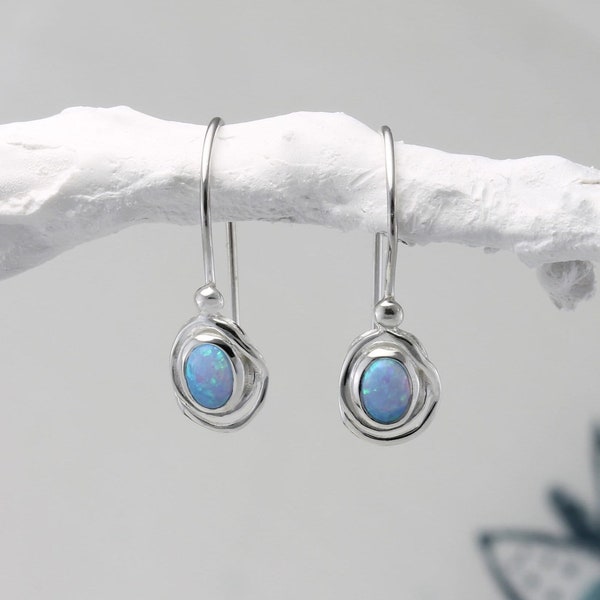 Handmade Dainty Organic Oval Opal Earrings, October Birthstone Earrings, Dangle Earrings, Coastal Style, Silver Drop Earrings