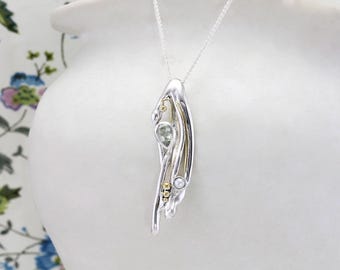 Green Amethyst Pearl Pendant: Handmade Sterling Silver Art Nouveau Necklace