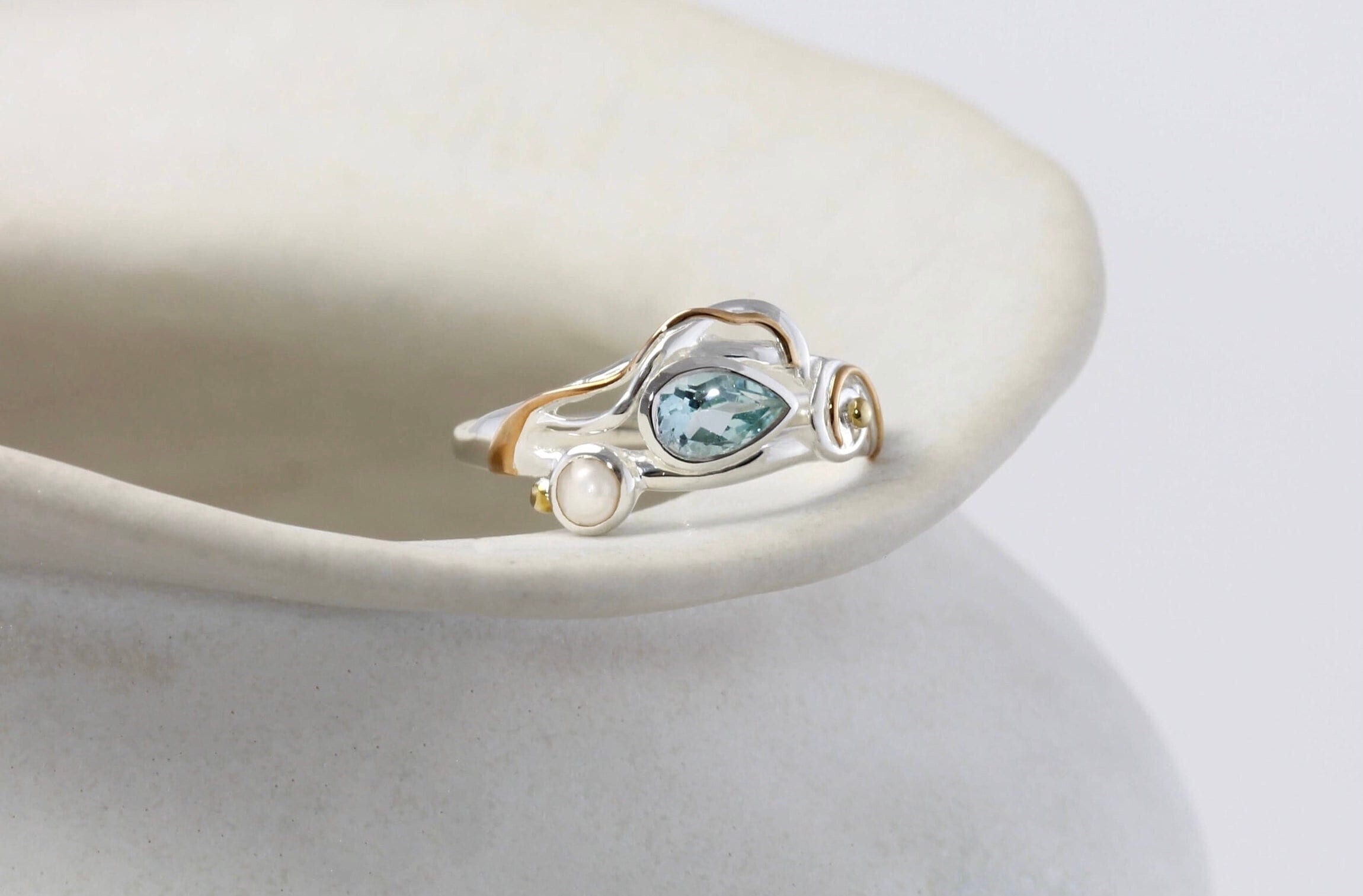 Gemstone Ring, Dainty Pearl and Blue Topaz Ring, Pearl Ring, Dainty Jewellery, Rings for Women, Handmade Ring, Sterling Silver Ring