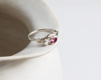 Dainty Pink Tourmaline and Pearl Ring, Sterling Silver Ring, Dainty Ring, Pink Gemstone Ring, Handmade Gift