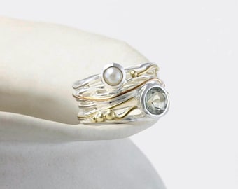 Handmade Green Amethyst Sterling Silver Statement Ring with Freshwater Pearl