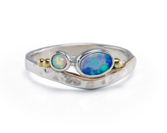 Handmade Blue and White Opal Silver Ring with 14kt Gold Details, Dainty Opal Ring, Gemstone Ring, Unique Engagement Ring