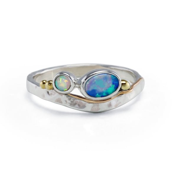 Handmade Blue and White Opal Silver Ring with 14kt Gold Details, Dainty Opal Ring, Gemstone Ring, Unique Engagement Ring
