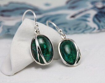 Green Chrysocolla Sterling Silver Drop Earrings, Organic Silver Gemstone Earrings, Chrysocolla Dangle Earrings, Unique Gemstone Earrings