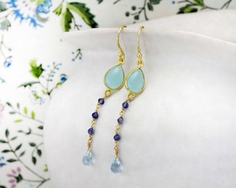 Handmade Aqua Chalcedony, Tanzanite and Blue Topaz Gold Drop Earrings, Gemstone Earrings, December Birthstone Earrings, Bridesmaid Earrings