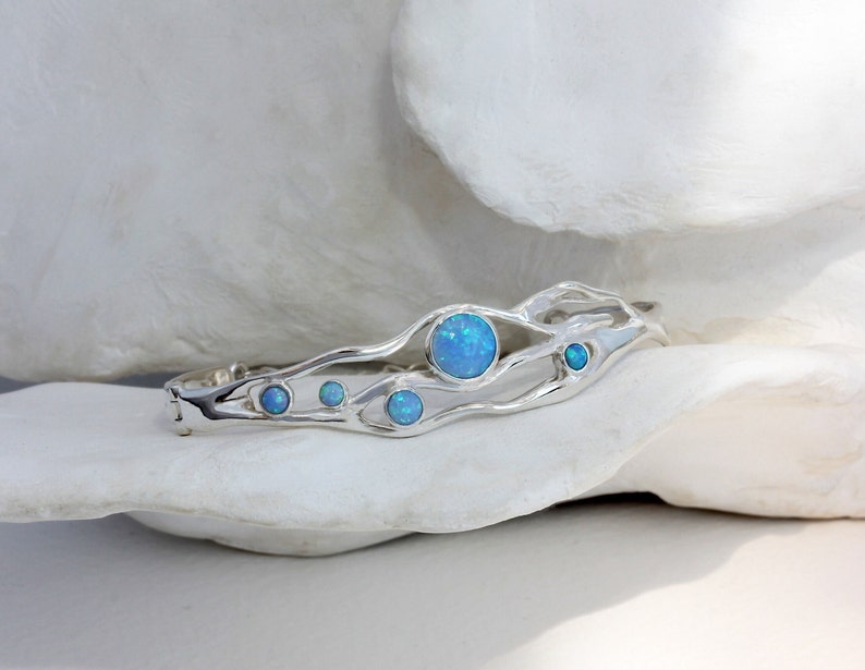 Handmade Organic Sterling Silver Blue Fire Opal Bracelet, Statement Bracelet, Blue Opal Bangle, Charm Bracelet Opal image 5