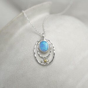 Opal Necklace, Unique Silver Flower and Blue Fire Opal Necklace, Sterling Silver, Floral Jewellery, October Birthstone, Handmade Necklace