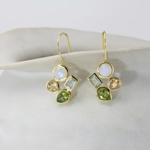 Gemstone Gold Earrings, Handmade Citrine, Peridot, Blue Topaz and Rainbow Moonstone Gold Drop Earrings, Gold Vermeil Earrings