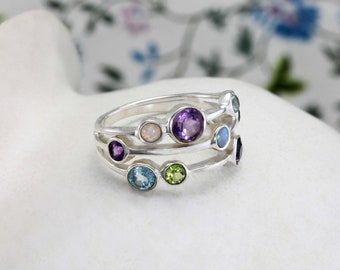 Handmade Triple Band Multi Gemstone Ring with Amethyst, Blue Topaz, Iolite, Opal & Peridot, Statement Ring, Unique Gift, Modern Ring