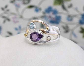 Blue Topaz, Freshwater Pearl and Amethyst Ring, February Birthstone Ring, Statement Ring