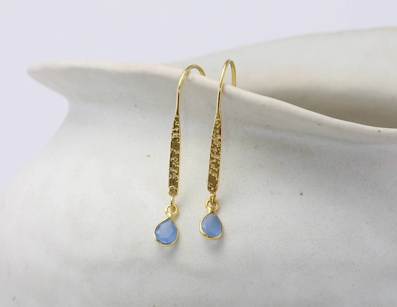 Handmade Blue Chalcedony Gold Vermeil Drop Earrings: March Birthstone, Textured 18kt Gold Jewellery