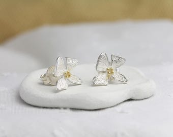 Dainty Flower Stud Earrings: Sterling Silver with 18KT Gold