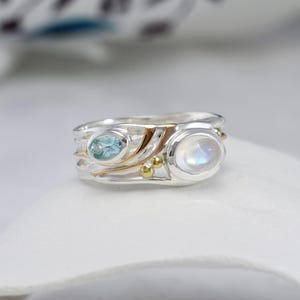 Gemstone Ring, Moonstone and Blue Topaz Ring, Moonstone Ring, Coastal Jewellery, Statement Ring, Handmade Ring, Silver Ring, Mixed Metal