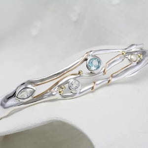Gemstone Bangle, Silver Bangle with Blue Topaz, Pearl and White Cubic Zirconia, Gemstone Bracelet, Handmade Bangle, Blue Topaz Bangle