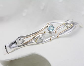 Handmade Sterling Silver Bangle: Blue Topaz & Cubic Zirconia