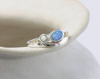 Opal Ring, Handmade Blue and White Opal Sterling Silver Ring, Dainty Opal Ring, Gemstone Ring, Unique Engagement Ring, Sparkly Ring