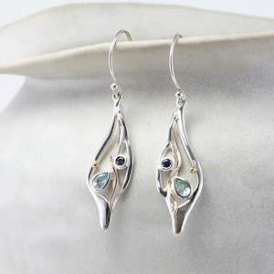 Topaz Drop Earrings, Handmade Organic Silver Earrings with Blue Topaz and Iolite, Multi Gemstone Earrings, Teardrop Earrings, Topaz Earrings