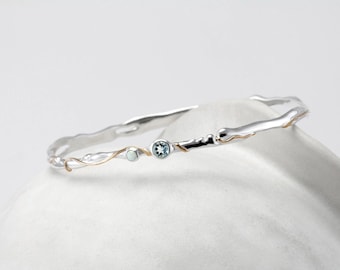 Handmade Sterling Silver Bangle: Opalite & Blue Topaz, 14KT Gold Detail