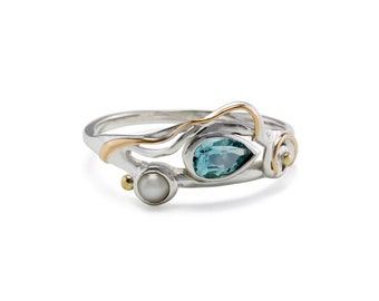 Dainty Pearl and Blue Topaz Ring, Pearl Ring, Dainty Jewellery, Rings for Women