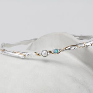 Gemstone Bangle, Handmade Delicate Opal and Freshwater Pearl Bangle, Sterling Silver Bangle, Opal Bangle, Handmade Bangle, Dainty Bangle
