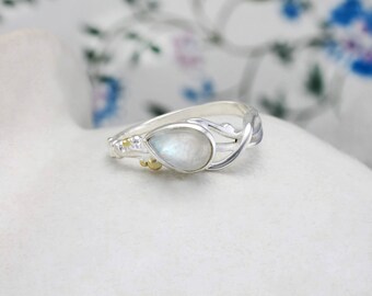 Teardrop Rainbow Moonstone Ring with Brass Pip Details, Handmade Ring, Dainty Ring, June Birthstone Ring