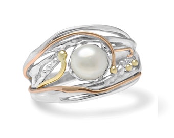 Pearl Statement Ring with 14kt Gold Details, Mixed Metal Ring, Freshwater Pearl Jewellery, June Birthstone Ring, Handmade Ring