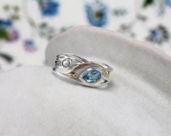 Handmade Freshwater Pearl and Teardrop Blue Topaz Ring, Gemstone Ring, Unique Gift, Topaz Ring, Designer Ring