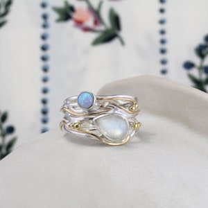 Handmade Rainbow Moonstone and Fire Opal Statement Ring with 14kt Gold, Moonstone Ring, June Birthstone Ring, Beach Jewellery, Coastal Style