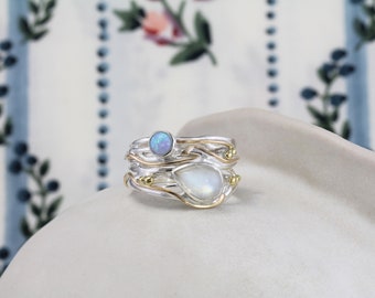 Handmade Rainbow Moonstone and Fire Opal Statement Ring with 14kt Gold, Moonstone Ring, June Birthstone Ring, Beach Jewellery, Coastal Style