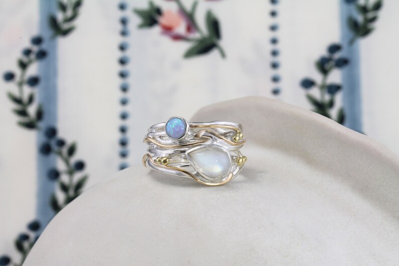 Moonstone and Blue Fire Opal Statement Ring handmade in sterling silver.