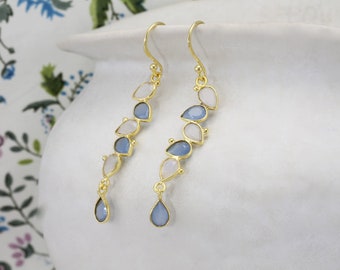 Handmade Teardrops Rainbow Moonstone and Blue Chalcedony Gold Drop Earrings, June Birthstone Earrings, 18Kt Gold, Statement Earrings