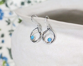 Handmade Circular Silver Blue Fire Opal Earrings with 14kt Gold Details, Sterling Silver Hoop Earrings, Opal Jewellery, Modern Boho