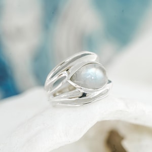 Moonstone Ring, Sterling Silver Rainbow Moonstone Statement Ring, Coastal Jewellery, June Birthstone, Sterling Silver Ring, Handmade Ring