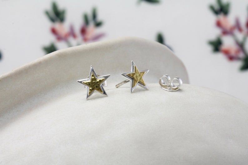 Silver and Gold Brass Star Earrings image 1