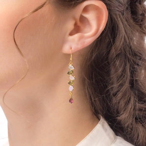 Peridot, Moonstone and Tourmaline Gold Drop Earrings, Moonstone Dangle Earrings, Elegant Earrings, Christmas Jewellery image 3