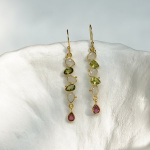 Peridot, Moonstone and Tourmaline Gold Drop Earrings, Moonstone Dangle Earrings, Elegant Earrings, Christmas Jewellery image 1