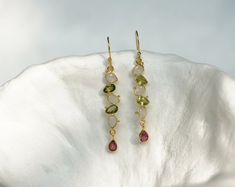 Peridot, Moonstone and Tourmaline Gold Drop Earrings, Moonstone Dangle Earrings, Elegant Earrings, Christmas Jewellery