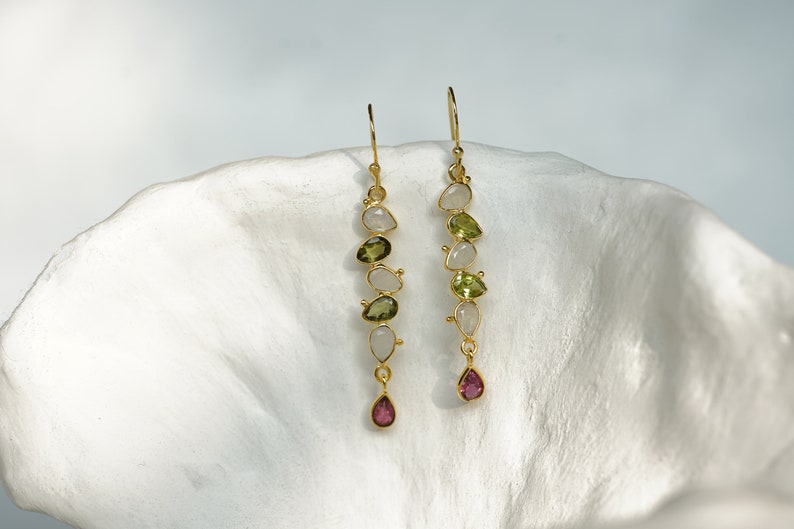 Peridot, Moonstone and Tourmaline Gold Drop Earrings, Moonstone Dangle Earrings, Elegant Earrings, Christmas Jewellery image 1